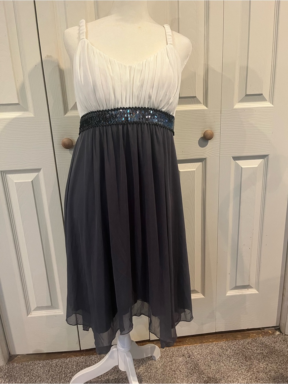 Enfocus Studio White and Black Empire Waist Prom Dress with Sequin Belt